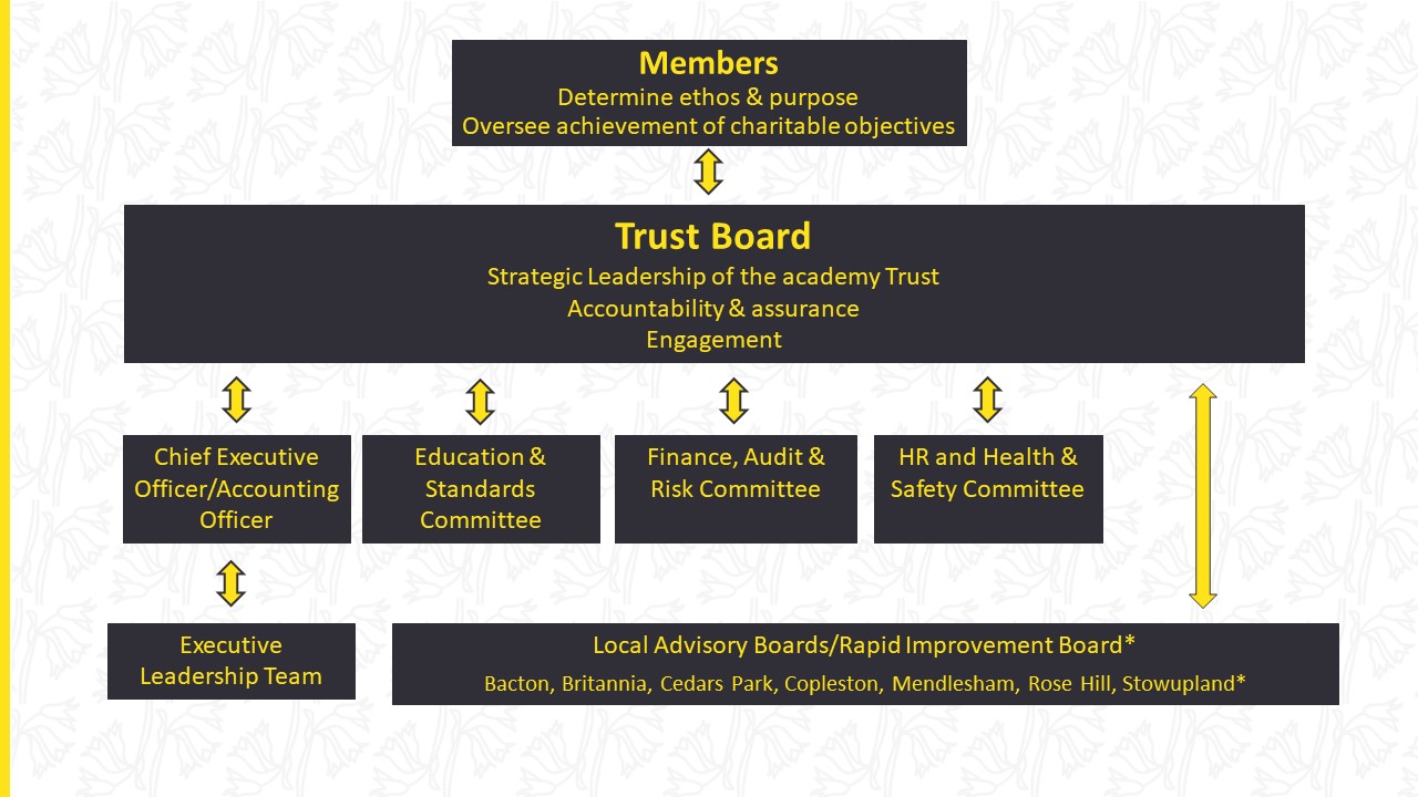 Image showing the structure of governance, from Members, Trustees, Local Boards and Executive Team.